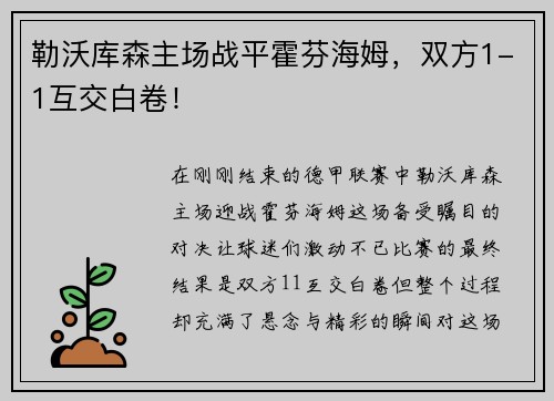 勒沃库森主场战平霍芬海姆，双方1-1互交白卷！